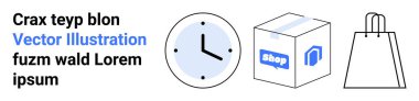 Saat simgesi, mağaza etiketli nakliye kutusu ve yer tutucu metninin yanındaki alışveriş çantası taslağı. E-ticaret, dağıtım hizmetleri, çevrimiçi alışveriş, zaman yönetimi, perakende şirketleri, dijital