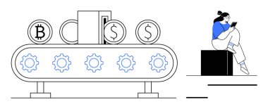 Bitcoin ve dolar sembolleri bir taşıma bandı üzerinde vitesli, tablet kullanan birinin yanında hareket ediyor. Teknoloji, finans, kripto para birimi, yatırım, üretkenlik, yenilik, dijital için ideal
