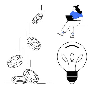 Bozuk paraların düşmesi, dizüstü bilgisayarda düşünen insan, büyük ampulün fikir aydınlatmasını temsil etmesi. Finans, yatırım, yaratıcılık, yenilik, girişimcilik, beyin fırtınası, iş büyümesi için ideal