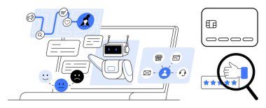 Yapay zeka sohbet robotu dizüstü bilgisayarda müşterilere yardım ediyor, sohbet baloncukları, emoticonlar, ödeme kartları ve büyüteç altında reyting gösteriyor. Müşteri hizmetleri, e-ticaret, kullanıcı geribildirimi ve destek için ideal