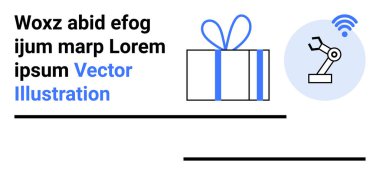 Mavi kurdeleli hediye kutusu, kablosuz sinyalli robot kolu dairesel arka planda. Teknoloji için ideal, sanayi 4.0, otomasyon, yenilik, akıllı üretim, lojistik süreç optimizasyonu