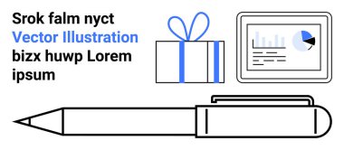 Kalem ve hediye paketi ekranın yanında, dosyalar ve sahte metinlerle. İş sunumları, eğitim materyalleri, bilgi grafikleri, pazarlama amaçları, dekoratif unsurlar, web tasarım kavramları için ideal