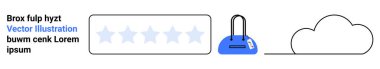 Beş yıldızlı derecelendirme barı, alışveriş çantası ve yanında yer tutucu metni olan bir bulut simgesi. E-ticaret, müşteri değerlendirmeleri, dijital pazarlama, web tasarımı, bulut hesaplama, online alışveriş UXUI