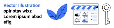 E-commerce website interface with a blue storefront awning, a blue leaf symbolizing eco-friendliness, and a black key representing security. Ideal for e-commerce, eco-friendly stores, online clipart