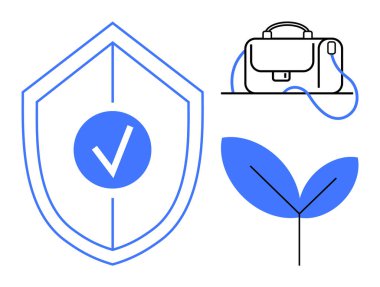 Güvenliği simgeleyen işaretli kalkanlar, işi temsil eden evrak çantası ve sürdürülebilirlik için yaprak. Güvenlik, işletme yönetimi, finans, çevre dostu uygulamalar ve güvence için ideal