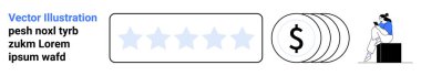 Kullanıcı 5 yıldızlı bir değerlendirmeye giriyor, bozuk para kazanıyor ve dizüstü bilgisayarda geri bildirim yazıyor. Kullanıcı geribildirimi, yorumlar, çevrimiçi kazanç, müşteri memnuniyeti, ekommerce, serbest iniş için ideal