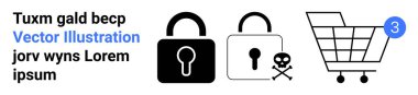 Kilit, asma kilit ve alışveriş arabası. Siber güvenlik, online alışveriş, dijital şifreleme, e-ticaret, güvenlik alarmları, veri koruması, güvenli işlemler için ideal. İniş sayfası