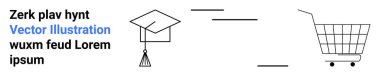 Dinamik iş bağlamlarında akademik ve perakende unsurları sergilemek için ideal. Mezuniyet şapkası ve alışveriş arabası, eğitim ve ticareti simgeliyor. İniş sayfası için pankart