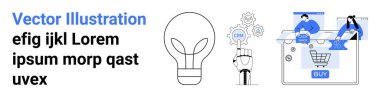 Viteslerle, ampullerle ve online alışveriş arabalarıyla çalışan insanlar. Dijital pazarlama, e-ticaret, yenilik, takım çalışması, web geliştirme müşteri hizmetleri için ideal. İniş sayfası