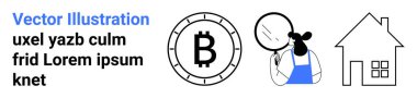 Bitcoin sembolü, mavi önlüklü büyüteç takan kadın ve ev çizgisi. Finans, kripto para birimi, analiz, emlak, soruşturma, ev satın alma ve dijital para birimi temaları için ideal