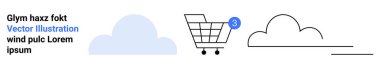 Bulut ikonu, tebligatlı alışveriş arabası, mavi ve siyah Lorem Ipsum metni. Web tasarımı, dijital iletişim, e-ticaret, grafik tasarımı, kullanıcı arayüzü, bildirimler, markalaşma için ideal