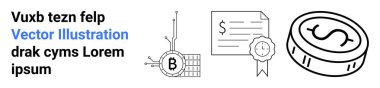 Siyah metin, mavi hiperlink, Bitcoin sembollü engelleme ağı, kurdele ve dolar işaretli sertifika, ve dolar işaretini gösteren detaylı bir bozuk para. Finans, engelleme zinciri, kripto para birimi için ideal