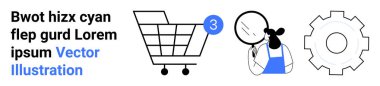 Üç öğe bildirimli alışveriş arabası, büyüteçle incelenen karakter, mekanik teçhizat sembolü. E-ticaret, kalite kontrolü, ayarlar, envanter yönetimi, ürün analizi için ideal