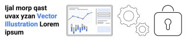 Ekranda çubuk ve çizgi grafiği, vites simgeleri ve asma kilit sembolü. Analiz, iş, güvenlik, ayarlar, teknoloji, veri ve koruma için ideal. İniş sayfası