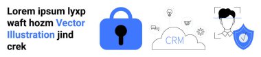 Büyük mavi asma kilit, CRM 'li bulut, ampuller, işaretli kalkan rozeti, kullanıcı profili taraması. Teknoloji şirketleri, siber güvenlik, CRM araçları, kullanıcı kimlik denetimi, veri gizliliği, web için ideal