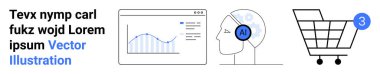 Tarayıcı penceresinde veri tablosu, yapay zeka sembollü insan kafası, üç parçalı alışveriş arabası. Yapay zeka, veri analizi, e-ticaret, teknoloji, yenilik, gelecek, dijital pazarlama için ideal. İniş sayfası