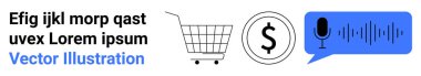 Alışveriş arabasının yanına mesaj at, dolar işareti, mikrofon ve ses dalgası simgeleriyle konuşma balonu. E-ticaret, çevrimiçi perakende, mobil alışveriş, ödeme sistemleri, ses komutları, pazarlama, müşteri