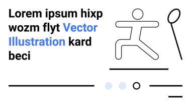 Raketle badminton oynayan sadeleştirilmiş insan figürü mavi aksanlı yer tutucu metin, minimalist çizgiler ve noktalar. Spor, etkinlik tanıtımı, metin içeriği tasarımı için ideal