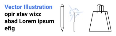 Pen next to wind turbine and shopping bag accompanied by text elements. Ideal for marketing, branding, eco-friendly campaigns, online shopping, stationery design, technology, and sustainable living clipart