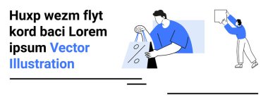 İki karakter etkileşimde, biri yüzde sembollü bir alışveriş poşeti tutuyor, diğeri de metin tutuculu bir tabela tutuyor. E-ticaret, promosyon, pazarlama, çevrimiçi alışveriş ve tüketici için ideal