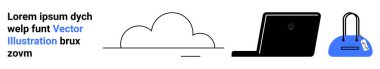 Basit bir bulut simgesi, laptop silueti ve örnek metin içeren güvenli bir anahtar sembolü. Teknoloji için ideal, veri güvenliği, bulut bilgisayarı, çevrimiçi depolama, siber güvenlik yenilikçi tasarım. İniş