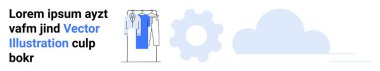 Mavi elbiseli elbise askısı, vites simgesi ve bulut. E-ticaret, moda teknolojisi, bulut hesaplama, giysi tasarımı, online alışveriş teknolojisi entegrasyon dijital dönüşümü için ideal. İniş sayfası