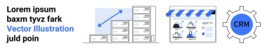 Deponun yukarı doğru genişlemesinin dijital ekran grafiği, kullanıcı seçenekleriyle mağaza önü arayüzü ve CRM vites entegrasyonu. Lojistik, ecommerce, depo yönetimi için ideal, online
