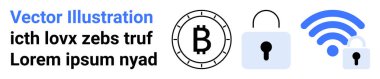 Bitcoin sembolü, kilit ve kilidi açık asma kilit simgeleri ve kablosuz sembol dijital güvenlik temalarını vurguluyor. Engelleme zinciri, güvenlik, kripto para birimi, kimlik doğrulama, şifreleme, kablosuz