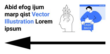 Siyah ok sağ tarafı işaret ediyor, baş silueti üç ok ile büyümeyi simgeliyor, adam nakit-geri işareti tutuyor. İş, pazarlama, teknoloji, finans, eğitim ve sağlık için ideal
