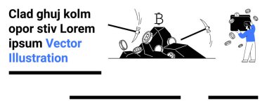 Madenciler Bitcoin 'i çıkarmak için kayalara çarpıyor. Paralar dijital bir cüzdana uçuyor. Finans, kripto para birimi, yatırım, engelleme zinciri, pazarlama, eğitim, blog içeriği, iniş sayfası için ideal