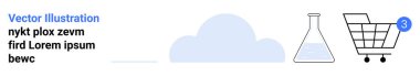 Tebligatlı alışveriş arabası, mavi bulut ve laboratuvar matarası. E-ticaret, teknoloji, bilim, çevrimiçi alışveriş, teknoloji hizmetleri, bulut hesaplama, dijital pazarlama için ideal. İniş sayfası