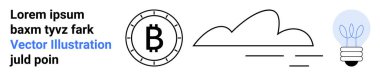 Bozuk paranın içindeki Bitcoin sembolü, minimalist bulut, ampul ikonu ve örnek metin. Kripto para birimi, engelleme zinciri, bulut hesaplama, yenilik, teknoloji, dijital para birimi, kavramsal para
