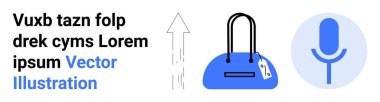 Fiyat etiketli mavi çanta, büyümeyi gösteren yukarı ok ve mikrofon simgesi. E-ticaret, büyüme eğilimleri, ses içeriği, alışveriş, ilerleme dijital medyası için ideal. İniş sayfası