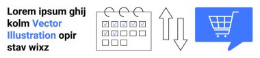 Kontrol işaretli takvim, çift taraflı oklar sohbet balonunda mavi alışveriş arabası simgesi ve metin. Ecommerce, planlama, hatırlatıcı, programlama, pazarlama, iş akışı, organizasyon için idealdir. İniş