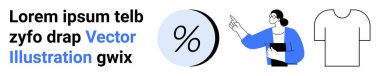 Yüzde sembolünü gösteren kişi, metin bloğu, tişört taslağı. Finans, eğitim, moda, sunumlar, pazarlama, bilgi grafikleri ve e-ticaret amaçları için ideal. İniş sayfası