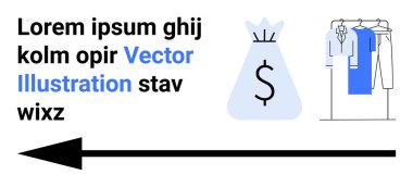 Para çantasının üstünde dolar işareti olan bir metin tutucu, çeşitli kıyafetlerle elbise askılığı ve solu gösteren siyah bir ok. Finans, ecommerce, perakende, giyim, reklam, minimalist için ideal