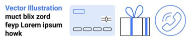 Üç ikon, bir kredi kartı, bir hediye kutusu ve bir telefon ahizesi. Alışveriş, iletişim, müşteri desteği, mobil uygulamaları çevrimiçi işlemler ve perakende satış için idealdir. İniş