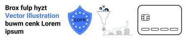 GDPR kalkanı veri güvenliğini, veri işleme verilerini analitiğe aktarmayı ve işlemleri temsil eden bir kredi kartı simgesini gösteriyor. Siber güvenlik, veri gizliliği, veri işleme, çevrimiçi için ideal