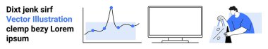 Business analytics with line graph, computer monitor, and a person working on design. Ideal for data analysis, market research, business development, technology solutions, innovation, strategic clipart