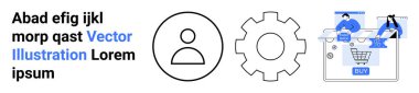 Metin kaplaması, profil simgesi, vites simgesi ve online alışveriş arayüzü ile etkileşime geçen iki kişi. Takım işbirliği, e-ticaret, iş stratejisi, teknoloji, dijital pazarlama kullanıcısı için ideal
