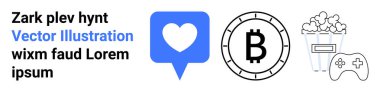 Mavi sohbet balonunda kalp ikonu, kara para içinde Bitcoin sembolü, patlamış mısır ve soda, oyun kumandası. Sosyal medya, kripto para, eğlence, oyun, dijital içerik, çevrimiçi katılım için ideal