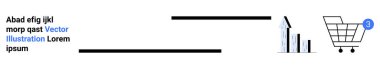 Üç çubuklu grafikli alışveriş arabası, mavi bildirim simgesi, solda yatay siyah satır, soyut metin. E-ticaret, veri analizi, çevrimiçi alışveriş, pazarlama, bildirimler için ideal