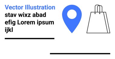 Mavi lokasyon rozeti, alışveriş çantası, yer tutucu mesajı ve iki siyah çizgi. E-ticaret, navigasyon, pazarlama, perakende rehber mağazaları için ideal. İniş sayfası