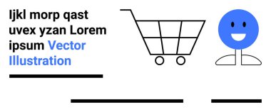 Metin tutucu, minimalist alışveriş arabası, mavi gülen surat. E-ticaret, dijital pazarlama, web sitesi tasarımı, uygulamalar, çevrimiçi mağazalar, bilgi grafikleri ve içerik oluşturulması için idealdir. İniş sayfası