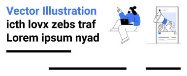 Bilgisayarı kullanan ve ekranı işaret eden kişi, büyük akıllı telefon arayüzü, metin blokları ve satırlar. Teknoloji makaleleri, web tasarımı, uygulama geliştirme, dijital pazarlama, çevrimiçi eğitim için ideal