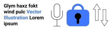 Mikrofon, mavi asma kilit, yukarı ve aşağı oklar, yer tutucu metin. Siber güvenlik, gizlilik, teknoloji, iletişim, veri güvenliği, çevrimiçi güvenlik, web geliştirme için idealdir. İniş sayfası için pankart