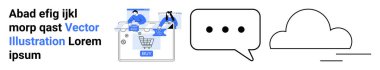 Bir alışveriş arabası sembolünün yanında birbiriyle etkileşen iki kişi, üç noktalı bir sohbet balonu ve bir bulut simgesi. Dijital iletişim, çevrimiçi alışveriş, mesajlaşma, bulut depolama, işbirliği için ideal