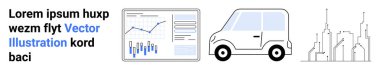 Yer tutucu metin, bar ve satır grafiği veri noktaları ve ızgaralı metin bloğu, kompakt araba ve şehir silüeti çizimi. İş, teknoloji, kentsel planlama, ulaşım, analiz için ideal