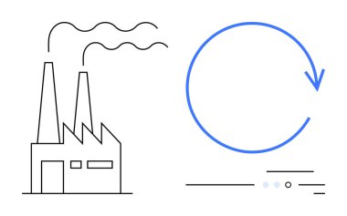 Factory with chimneys emitting smoke and a blue circular arrow symbolizing recycling and sustainability. Ideal for environmental awareness, industrial impact, ecology, pollution control, sustainable clipart