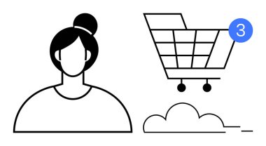 Üç öğe tebligat ve bulut simgesi olan alışveriş arabasının yanında çörek saç stili olan kadın profili. E-ticaret, çevrimiçi alışveriş, bildirimler, kullanıcı profilleri, bulut depolama, dijital